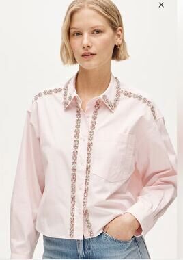 J Crew Etienne Crop Jeweled Shirt XXS NWT Pink Rose Blouse Button Western Glam